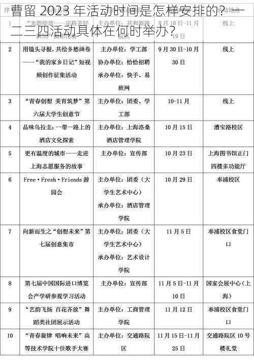 曹留 2023 年活动时间是怎样安排的？一二三四活动具体在何时举办？