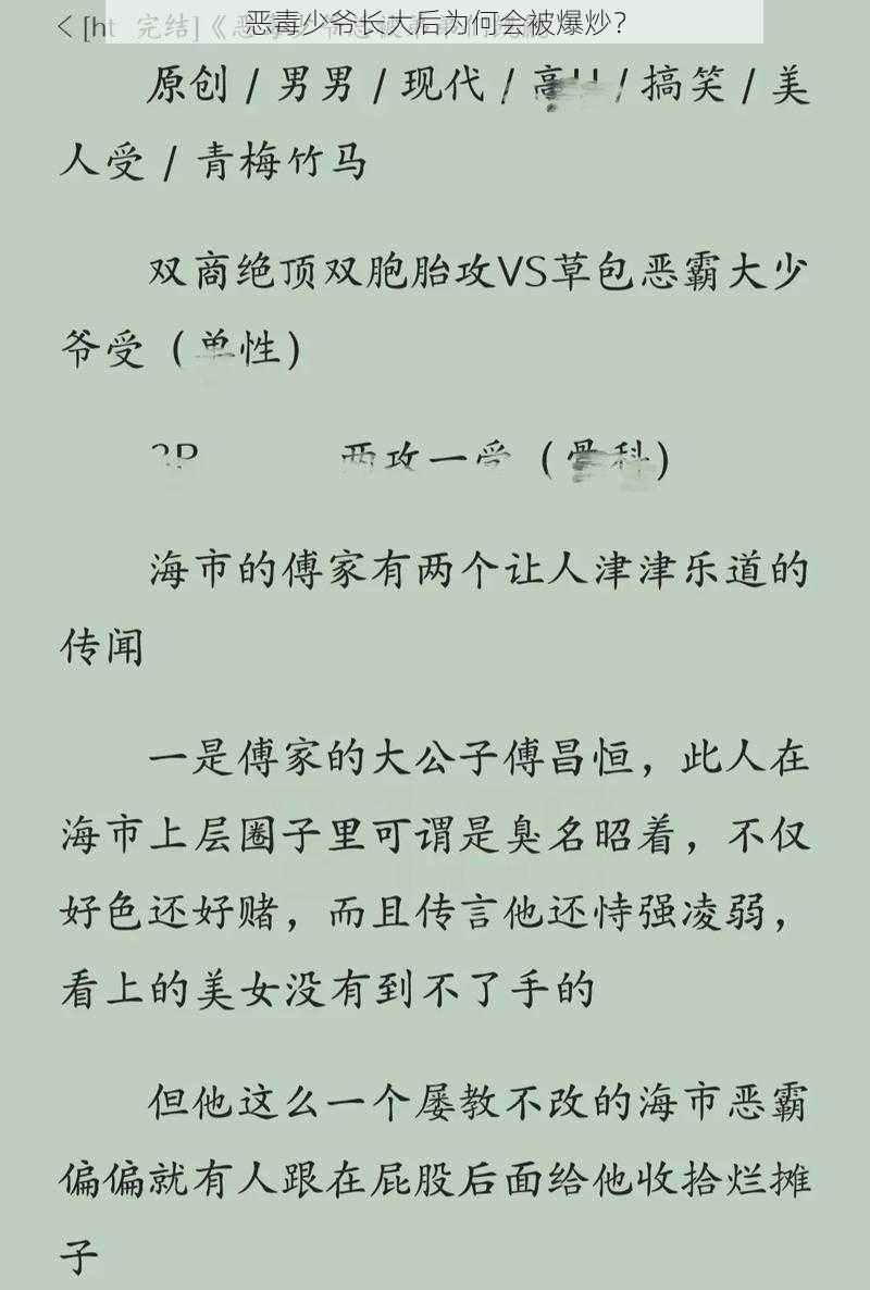 恶毒少爷长大后为何会被爆炒？